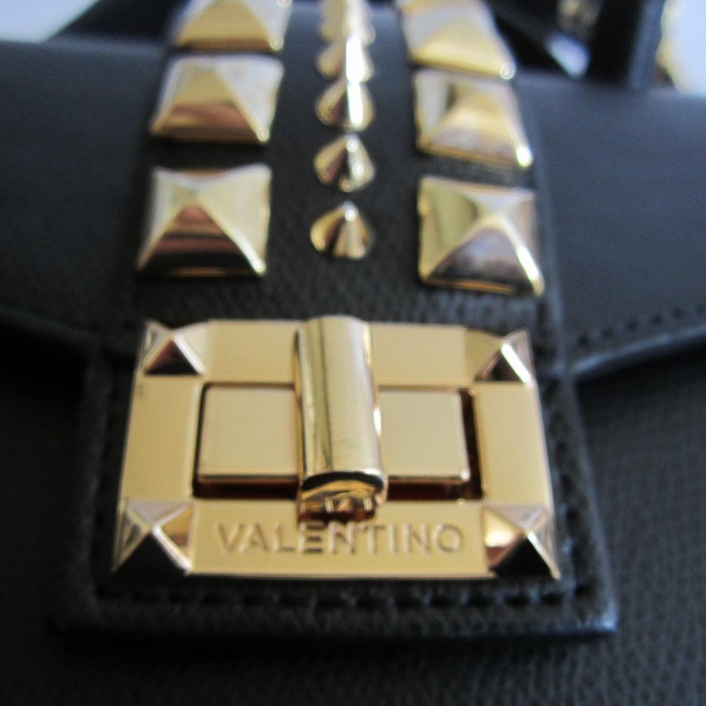 Valentino By Mario Valentino Black Leather Gold Studded Top Handle Cross… - Picture 6 of 12